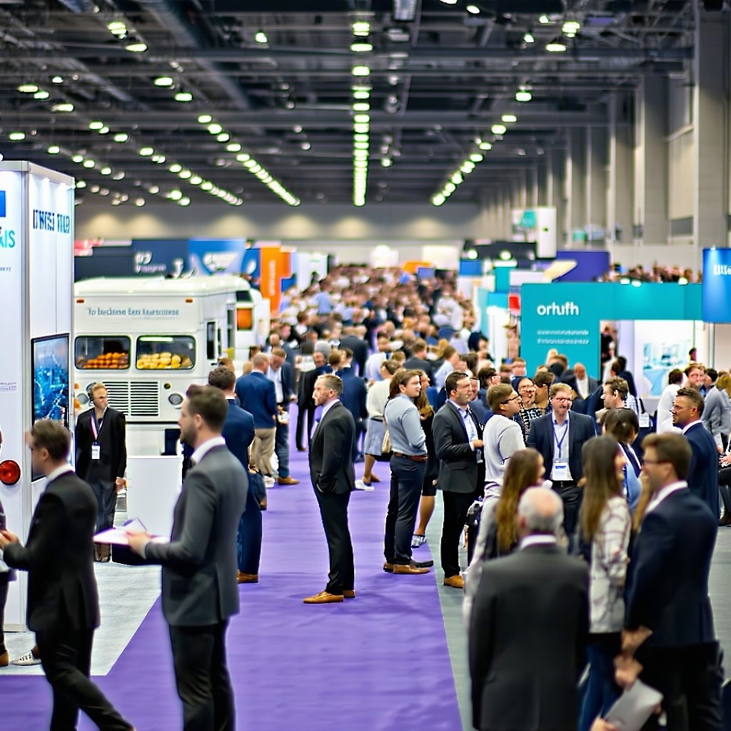 The image depicts a bustling conference hall filled with professionals from the life sciences and health sectors Attendees dressed in business casual attire are engaged in animated conversations exchanging ideas and insights Booths showcasing innovat-1