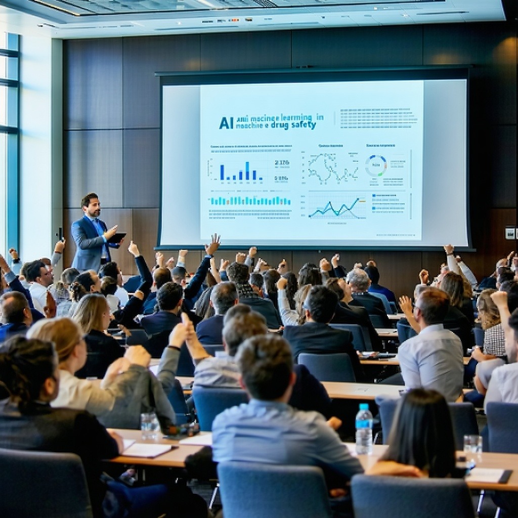 The image shows a business conference room filled with about 75 professionals from the pharmaceutical and biotech industries Attendees are engaged in note taking and some raising hands for Questions  a speaker is presenting to an attentive audience w-1