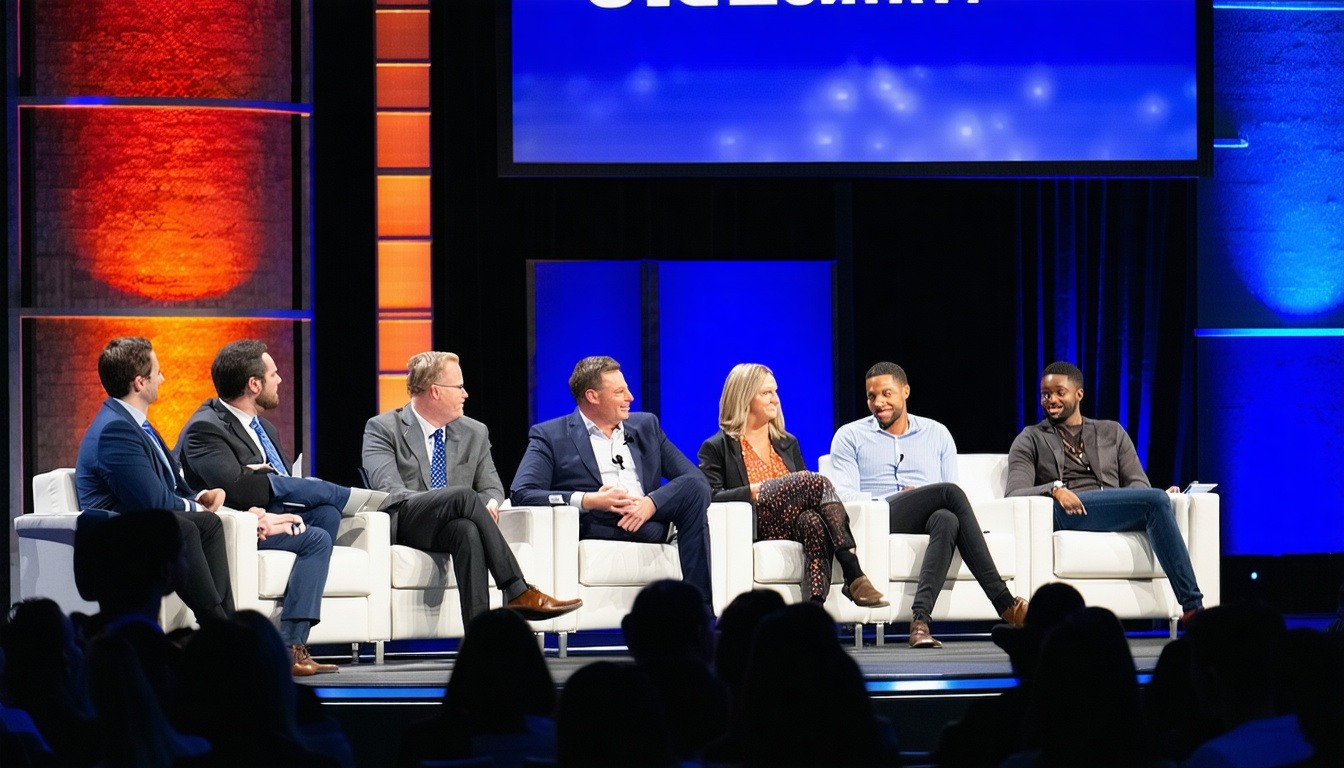 A vibrant photo of industry professionals engaged